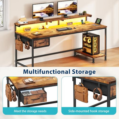 DurayLoly 55" Office Desk with Power Outlet & Fabric Drawer,Rustic Brown - color: Rustic Brown, size: 55 IN