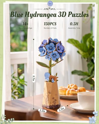3D Flower Wooden Puzzle for Adults-Blue Hydrangea,DIY Wooden Flowers - style: TW-Blue Hydrangea