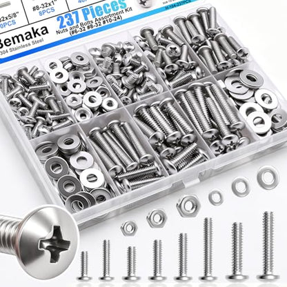 Nuts and Bolts Assortment Kit, 304 Stainless Steel Bolts 8 Sizes #6-32#8-32#10-24 Phillips Pan Head Machine Screws, Assorted Bolts, Nuts and Washers Kit (237PCS) - size: 236PCS