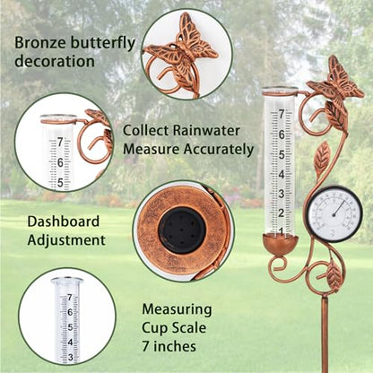 36.5in Butterfly Rain Gauge Thermometer Bronze Metal Garden Stake Decor - color: Bronze Butterfly
