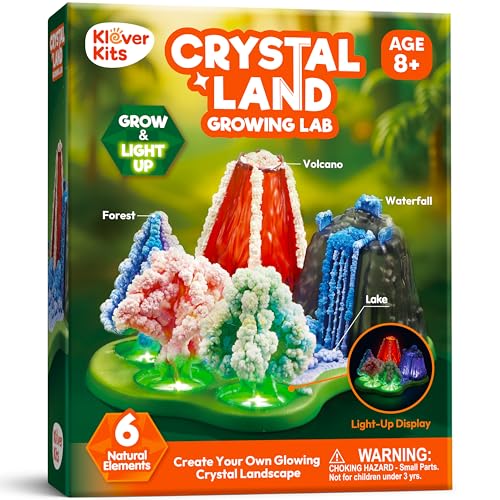 JOVA Klever Kits Crystal Land Growing Lab- Craft Kits for Kids Aged 8+ Science Gifts with 6 Unique Natural Elements and Light-Up Base, STEM Activities Birthday Gift