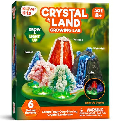 JOVA Klever Kits Crystal Land Growing Lab- Craft Kits for Kids Aged 8+ Science Gifts with 6 Unique Natural Elements and Light-Up Base, STEM Activities Birthday Gift