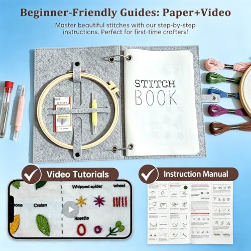 Bmtbu Embroidery Stitch Book Kit with 8.27x10.65 Portable Loose-Leaf Cover