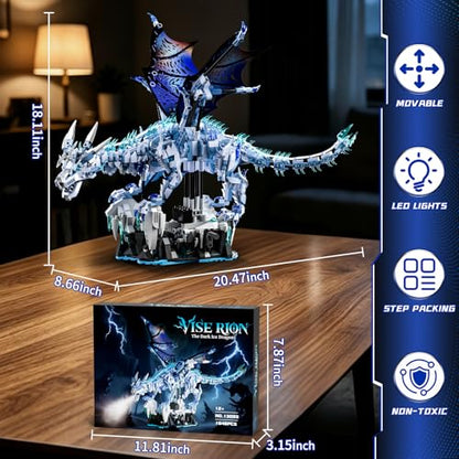 OWNONE 1 Mechanical Ice Dragon Building Block Set with LED Light & Movable Head, Wings and Limbs, Fantasy Dragon Model Kit for Home & Office Decor, Birthday for Teens & Adults & Kids (1646 PCS)