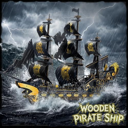 3D Wooden Puzzles for Adults - Black Pirate Ship 3D Puzzle Model Kit - color: Black-gold Pirate Ship