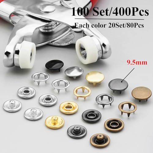 MIFOLEU 9.5mm Snap Button Kit, Metal Snaps Buttons for Fabric (400PCS) - color: 100 Sets/5 Color/Solid-9.5mm