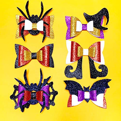 AOUXSEEM 24 Set Shimmer Glitter Faux Leather Bows DIY Making Kit, Make Spider Bat Cat Shape Halloween Themed Hair Clips for Girls Women Gifts