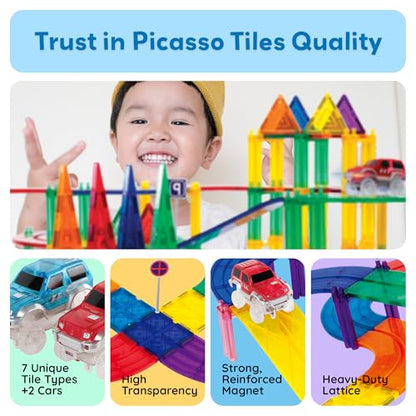 PicassoTiles 100 Piece Magnetic Tiles Race Track Toy Creative Building Set - color: 100 Pcs Race Car Track Set