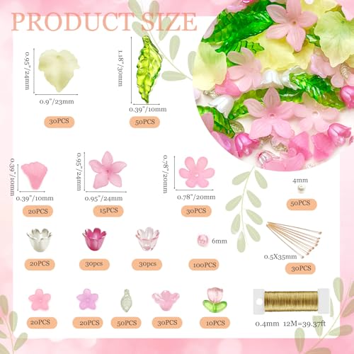 536 Pcs Acrylic Flower Beads Kit Frosted Flower Leaf Pendants Pearl Charms for DIY Crafts Necklace Earring Jewelry Making Plants Kit
