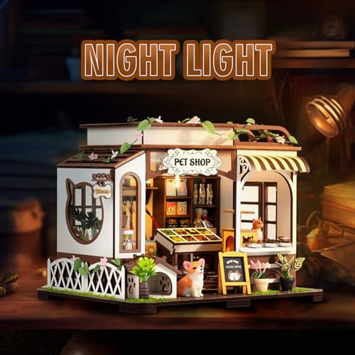 Pet Shop DIY Miniature House Kit, Wooden Dollhouse with LED for Adults - style: Pet Shop