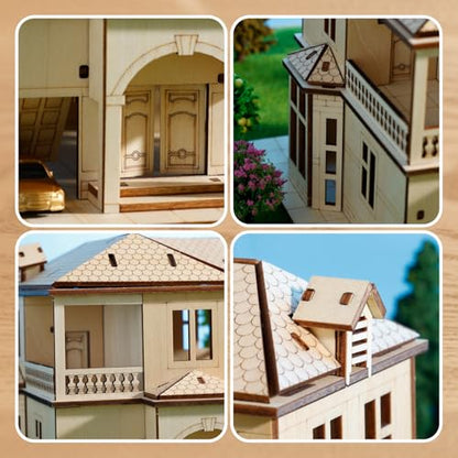 3D Wooden Puzzle for Adults, DIY Miniature Villa House Building Two Layer - color: Villa House Wood Color 04