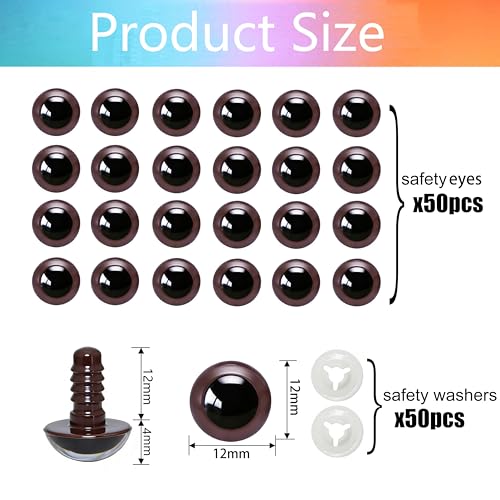 BESTCYC 100pcs 12mm Brown Plastic Safety Eyes Craft Eyes with Washers for Amigurumi Dolls Plush Animals DIY Craft Lovers Doll Makers Crochet Craft Supplies - color: Brown, size: 12mm