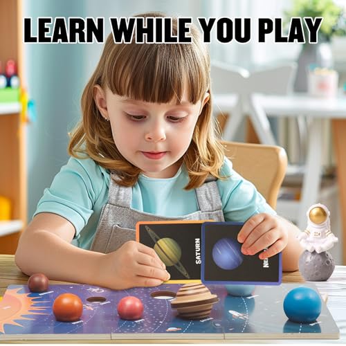 Wooden Solar System Model Board，Kids Solar System with Astronauts ，Montessori Planet Toys,Educational Planets Balls,Preschool Learning Puzzle，Space Knowledge Flash Cards Learning Toys for Kids