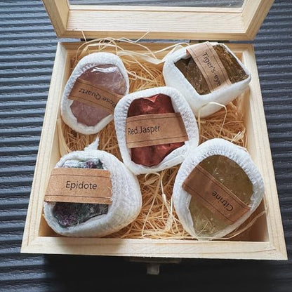 Natural Crystal Raw Stone Ore Specimen Set Wooden Box, Science Teaching Mineral Rock Set, a Very Good Christmas or New Year Gifts for Friends, Classmates or Sons and Daughters