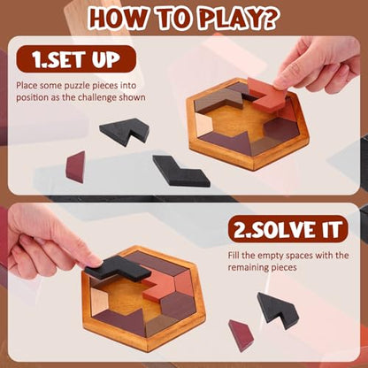 12 Pack Wooden Hexagon Tangram Puzzles Brain Teaser Logic Game