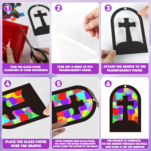 QOUBAI 32 Sets Cross Suncatchers Craft Kit DIY Religious Window Stained Glass Effect Christian VBS Paper Hanging Ornament Kid Easter Sunday School Birthday Gift Creative Art Project Activity Game - style: Window Cross