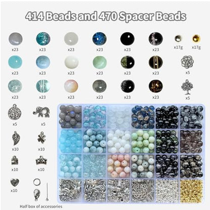 Bracelet Making Kit for Adults – 414pcs Real Crackle Glass Beads with Charms, 8mm Neutral Color Jewelry Making Set for Gifts