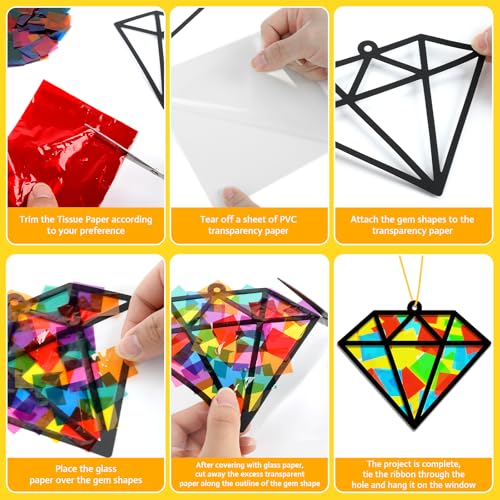 Lonfliness 32Sets Jewel Suncatchers Ornaments Kit DIY Window Stained Glass Effect Paper for Sun Catchers Craft Home Decor Creative Art Projects Activity Birthday Gift - style: Diamond