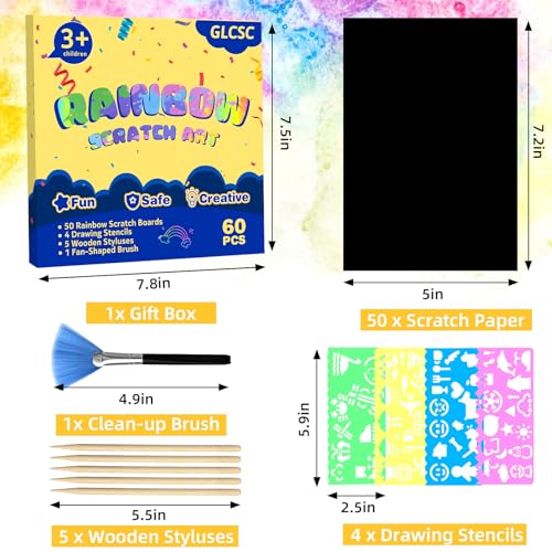 Scratch Art for Kids, 60 Pcs Rainbow Scratch Paper Art Kit with Gift Box