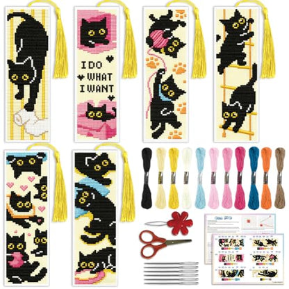 ACRNIGHEET 6PCS Cross Stitch Bookmark Kit for Beginner Stamped Cross Stitch Kits for Adults Naughty Black Cat DIY Tassel Embroidery Bookmark Kits Needlepoint Kit with Instructions Gift 8.5''x3'' 11CT - style: Cat Patterns