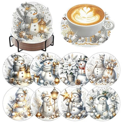 Xylogist 8 Pcs Christmas Snowman Diamond Art Coasters with Holder Cork Pads - color: Christmas Snowman B Coasters