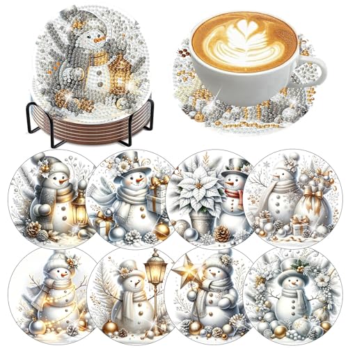 Xylogist 8 Pcs Christmas Snowman Diamond Art Coasters with Holder Cork Pads - color: Christmas Snowman B Coasters