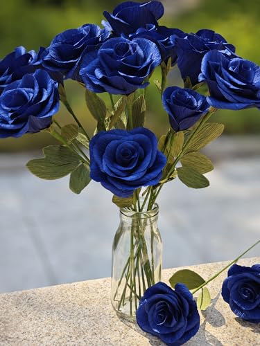 Navy Blue Crepe Paper Rose Flower DIY Making Kit 18 pcs for Wedding Bridal Bouquet Centerpieces Party - color: Navy Blue