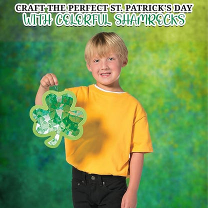 Fun Express St Patricks Day Crafts for Kids - Shamrock Suncatcher Kit Makes 12 Window Art Projects | Tissue Paper Craft Kit for Classroom Activities, Parties & Home | Ages 3+ Easy DIY
