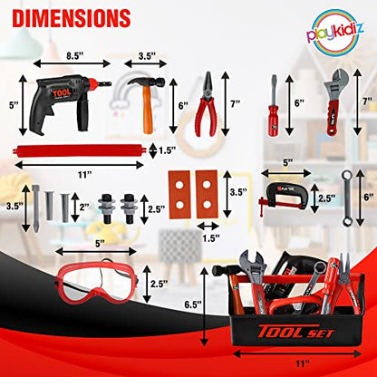 Playkidz Tool Box for Kids 22-Piece Boys & Girls Construction Toy Playset w/ Carry Chest, Working Push Button Power Drill, Hammer, Screwdriver, Wrench, Pliers, Saw & Other Realistic Tools Ages 3+