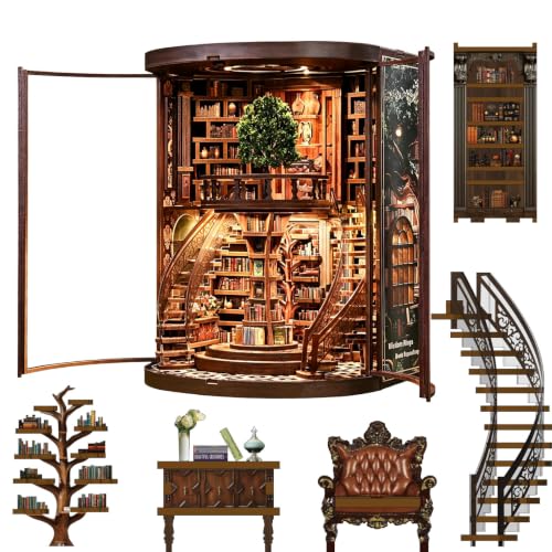 Book Nook Kits for Adults, 3D DIY Miniature Wooden Puzzle with LED Light, Adult Crafts Kits, House Bookshelf Decor, 356 Pieces Model Building Gift for Adults & Teens (Wisdom Library)