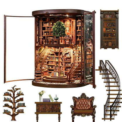 Book Nook Kits for Adults, 3D DIY Miniature Wooden Puzzle with LED Light, Adult Crafts Kits, House Bookshelf Decor, 356 Pieces Model Building Gift for Adults & Teens (Wisdom Library)