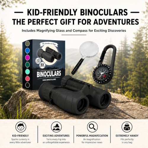 Binoculars for Kids – Perfect Toy for Little Boys and Girls – Extensive Set Incl. Magnifying Glass & Compass – Powerful Magnification 8X21 – 3 to 12 Year Old Kids for Toddler - color: Black