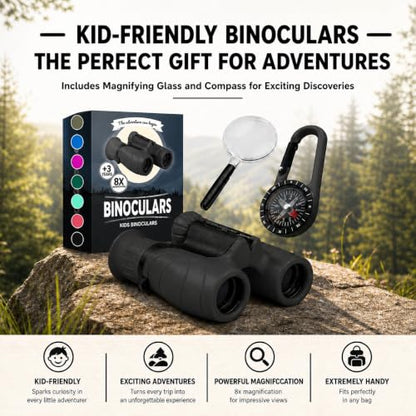 Binoculars for Kids – Perfect Toy for Little Boys and Girls – Extensive Set Incl. Magnifying Glass & Compass – Powerful Magnification 8X21 – 3 to 12 Year Old Kids for Toddler - color: Black