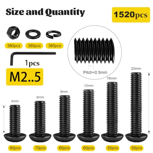 1520PCS M2.5 Hex Button Screws Assortment Kit, M2.5x4/6/8/12/16/20 mm - size: M2.5 1520pcs