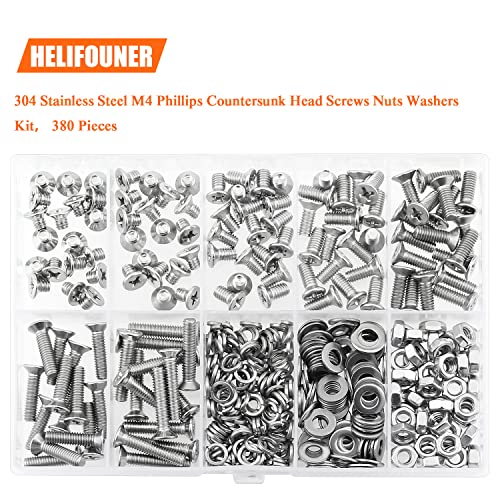 HELIFOUNER 380 Pieces M4 x 5mm /6mm /8mm /10mm /12mm /16mm /20mm, Phillips Countersunk Head Machine Screws, Metric Screws Bolts Washers Nuts Kit, 304 Stainless Steel - size: M4, style: Phillips Countersunk Head