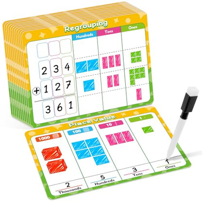 12 Pack Place Value Chart Dry Erase Flash Cards, 9" x 12" Math Manipulatives Small White Board Addition Subtraction 1st 2nd 3rd Grade Classroom Teacher Homeschool Supplies Essential - color: Yellow