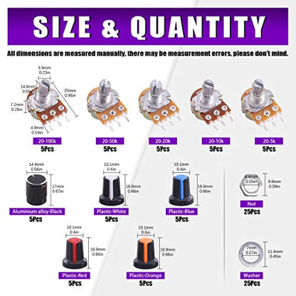 Swpeet 75Pcs B5K 10K 20K 50K 100K Ohm Knurled Shaft Linear Rotary Taper Potentiometer with 5 Different Kinds Knob(WH148) Kit for Tinkering - style: Plastic