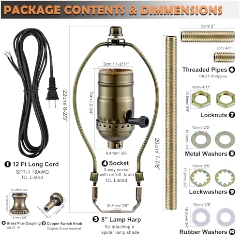 Lamp Rewire Kit - 3-Way Socket With Matching Cord and Harp Set for Table or Floor Lamp Repair, Essential Hardware for DIY Design (Antique Brass, 1) - style: Antique Brass