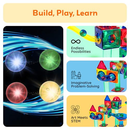 PicassoTiles Motion Activated Marbles 4pc LED Light-Up Glow in The Dark Translucent Balls for Marble Run Race Racetrack Maze Magnetic Construction Magnet Tiles Building Block STEM Education Kids Toys - style: Marbles 4pc LED