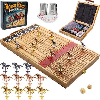 Horse Race Board Game Foldable Solid Wood Horse Racing Game - color: Large Folding Box-light Burnt