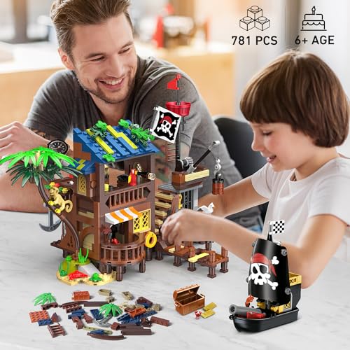 HOGOKIDS 3-in-1 Pirate House STEM Building Set with LED Light for Boy 6-12+