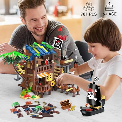 HOGOKIDS 3-in-1 Pirate House STEM Building Set with LED Light for Boy 6-12+
