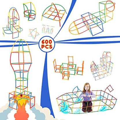 Straw Constructor Toys 600Pcs STEM Building Toy Interlocking Plastic Engineering Thin Tube Blocks Educational Kit for 3 4 5 6 7years Kids Boys and Girls Gift Preschool STEM Toy with Storage Box - color: 600pcs Rainbow