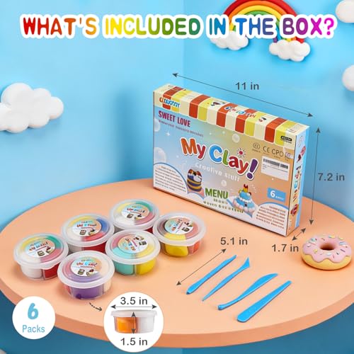 Dessert Clay Kit for Kids – 6 Sweet Treat Themes with Tools & Tutorial Cards | Cupcake Cookie Cake DIY | Soft Non-Sticky Air Dry Clay | Arts & Crafts Gift Ages 3+ - color: 6 Boxes of Desserts