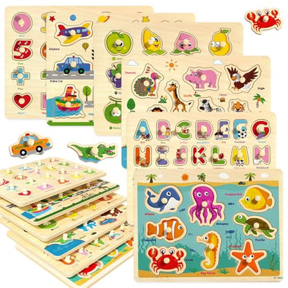 Wooden Peg Puzzles for Toddlers 2-4, 6 Pack Educational Peg Puzzles Montessori Toys, Learning Puzzles for Kids Girs Boys 1-3 3-5 with Alphabet Number Animal Vehicle Shape