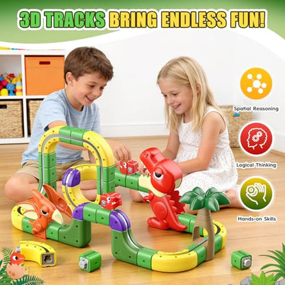 Upgrade Magnetic Train Set: 188PCS 3D Infinity Racer Electric Train Set for Kids Flexible Cube Track Anti-Gravity Dinosaur Train Toys Gifts for 3 4 5 6 7 8-12 Year Old Boys Girls - size: Deluxe Set(188PCS)
