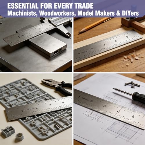 12 Inch Machinist Ruler Set - Stainless Steel Precision Double Sided Ruler with 1/64, 1/32, 1/16 & 1/8 Inch Graduations, Etched Markings - for Engineers,Woodworking and DIY (1, 12 Inch) - size: 12 Inch