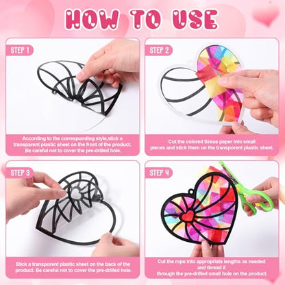 Tinlade 48 Set Valentine's Day Suncatchers Crafts Kit Valentines Heart DIY Window Stained Glass Tissue Paper Red Love Hanging Ornaments Make Your Own Suncatcher Summer Home School Classroom Activities - style: Valentines