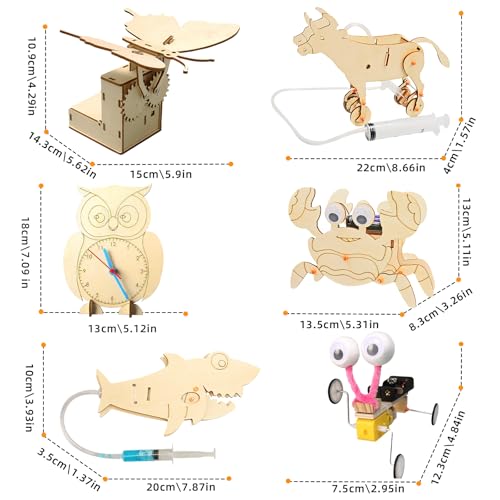 STEM Building Kit, 6-in-1 DIY Animal Construction Set with Hydraulic Shark, Clock Owl, Moving Cattle, Wooden Educational Science Toy for Ages 6+ (2)
