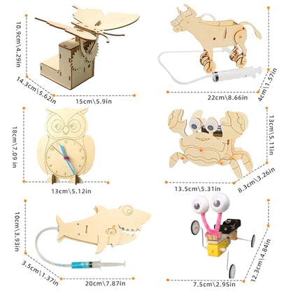 STEM Building Kit, 6-in-1 DIY Animal Construction Set with Hydraulic Shark, Clock Owl, Moving Cattle, Wooden Educational Science Toy for Ages 6+ (4)
